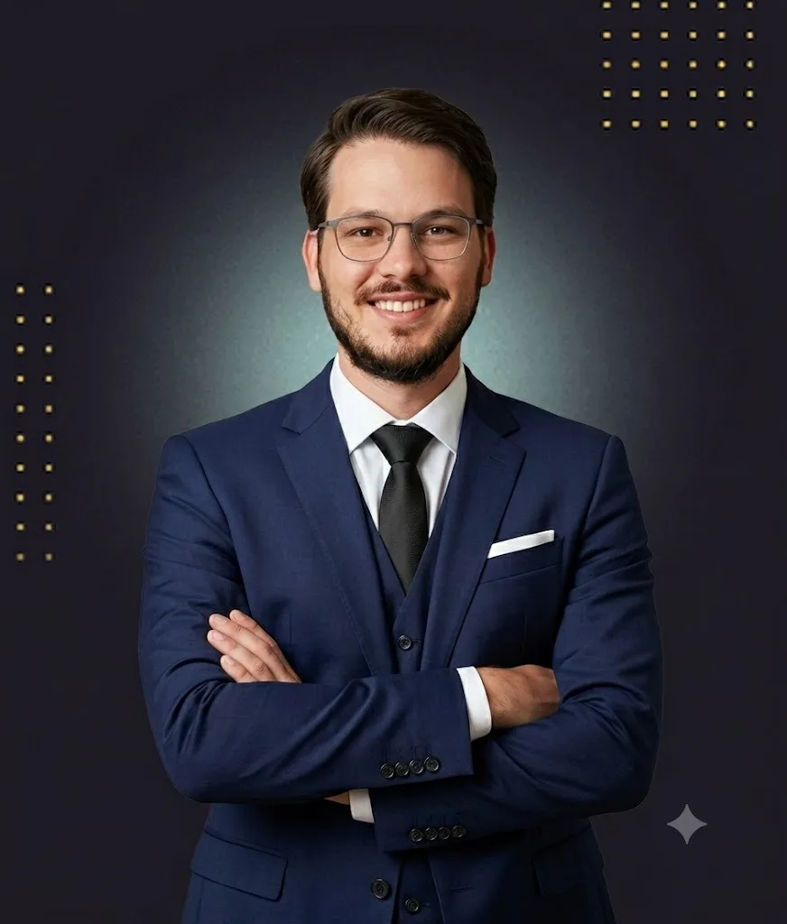 Vinícius Dalpra Pieper, de terno azul-marinho e gravata, braços cruzados, em retrato de estúdio